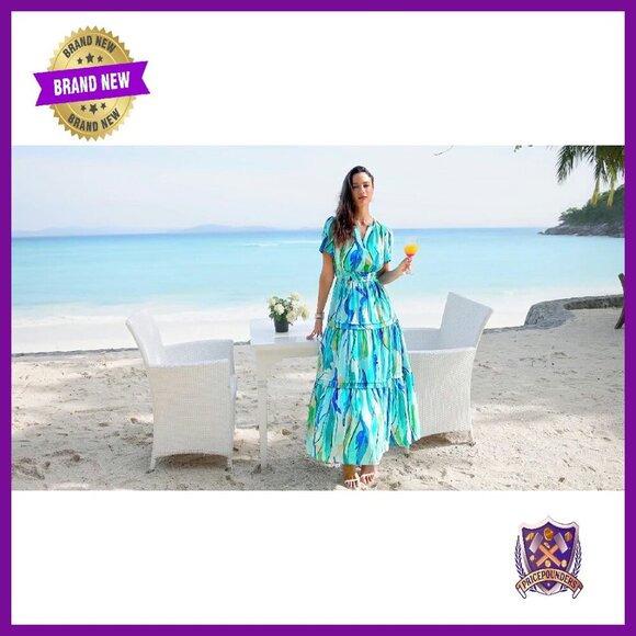 Boho Maxi Dress with Pockets, V-Neck, Tiered Flowy Summer Beach Dress - Picture 6 of 8